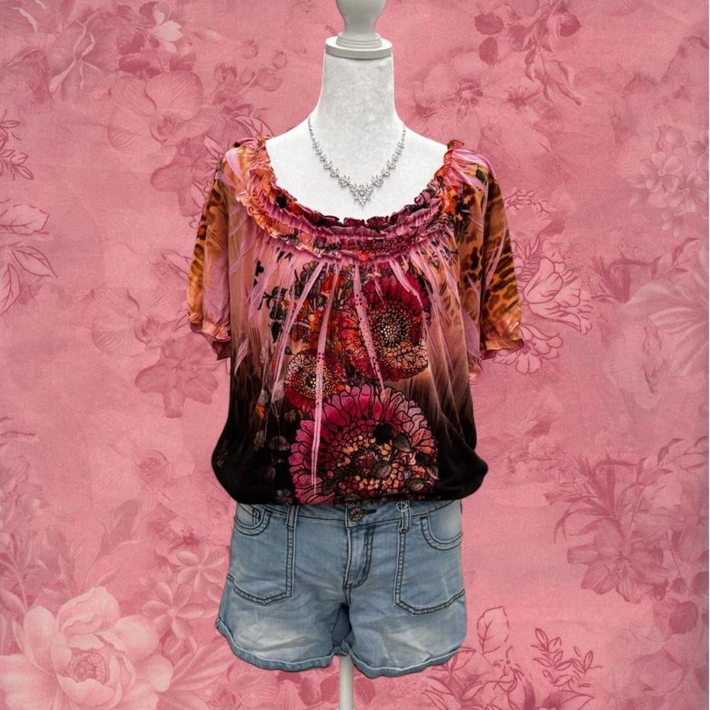 B.L.E.U. Pink Ombre Floral Ruffle Neck Blouse